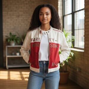 Harley-Davidson Vintage Y2K Women's White Motorcycle Jacket XL Eagle Graphic